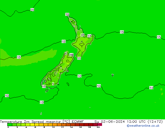 Temperature 2m Spread ECMWF Su 02.06.2024 12 UTC