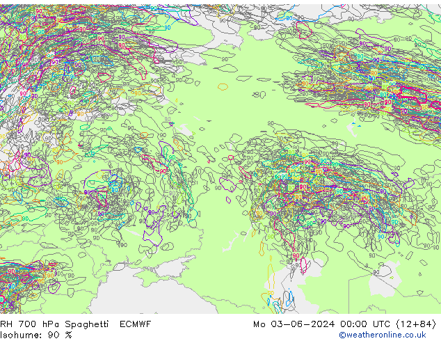 RH 700 hPa Spaghetti ECMWF  03.06.2024 00 UTC