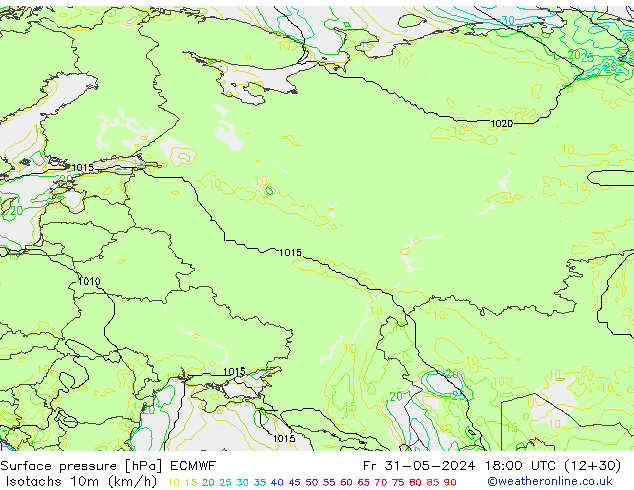 Isotachen (km/h) ECMWF Fr 31.05.2024 18 UTC