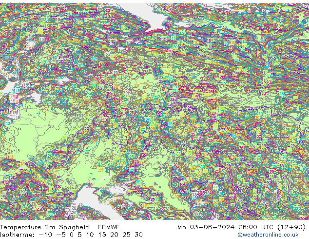 Temperatura 2m Spaghetti ECMWF lun 03.06.2024 06 UTC