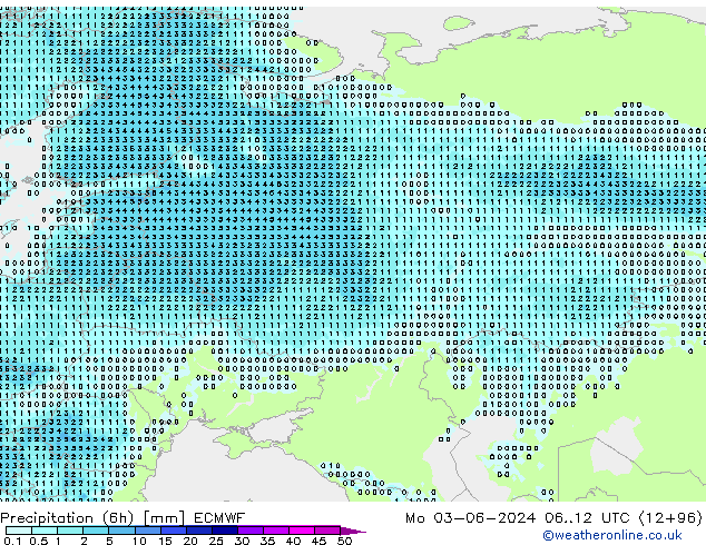 Totale neerslag (6h) ECMWF ma 03.06.2024 12 UTC