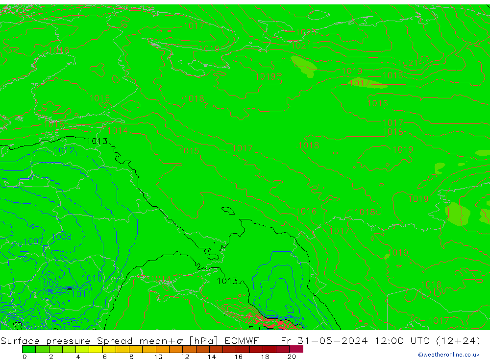 Surface pressure Spread ECMWF Fr 31.05.2024 12 UTC