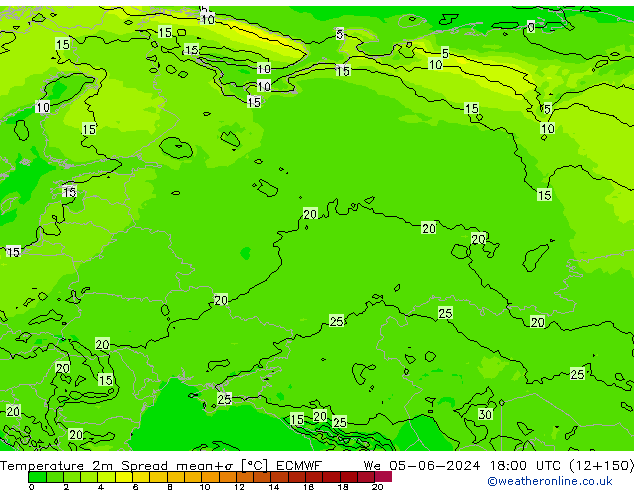 Temperatura 2m Spread ECMWF mer 05.06.2024 18 UTC