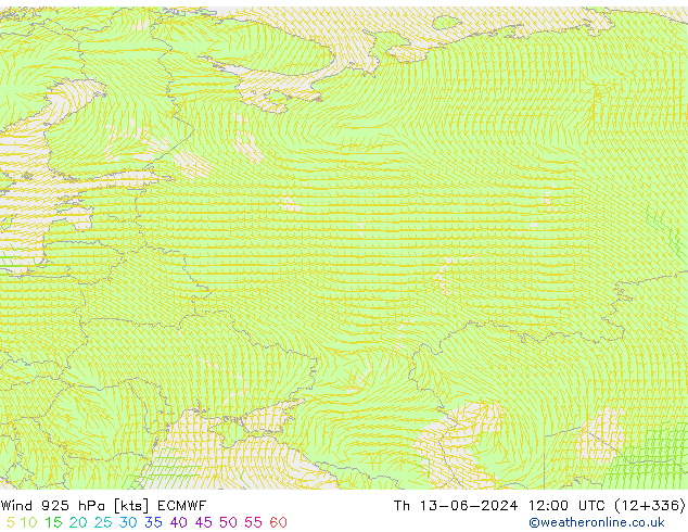 Viento 925 hPa ECMWF jue 13.06.2024 12 UTC