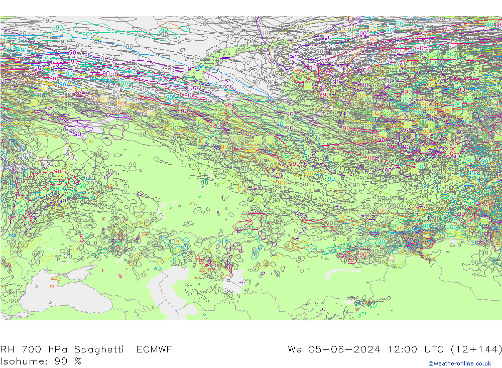 RH 700 hPa Spaghetti ECMWF Qua 05.06.2024 12 UTC