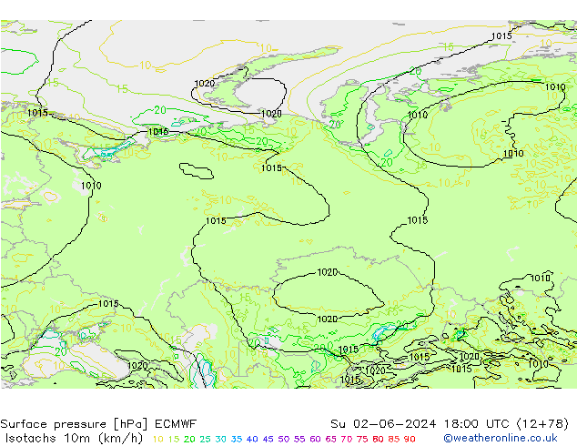 Isotachen (km/h) ECMWF zo 02.06.2024 18 UTC