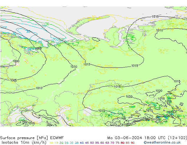 Isotaca (kph) ECMWF lun 03.06.2024 18 UTC