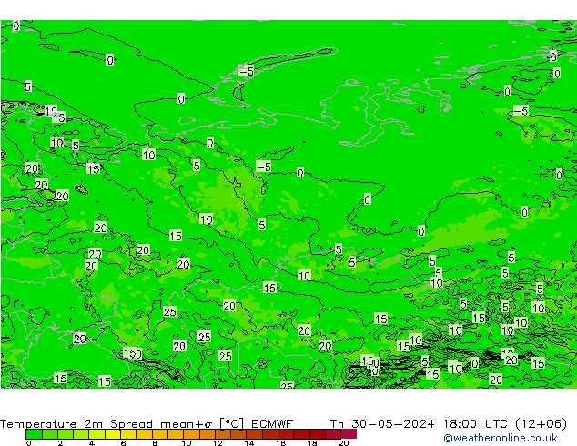 Temperatuurkaart Spread ECMWF do 30.05.2024 18 UTC