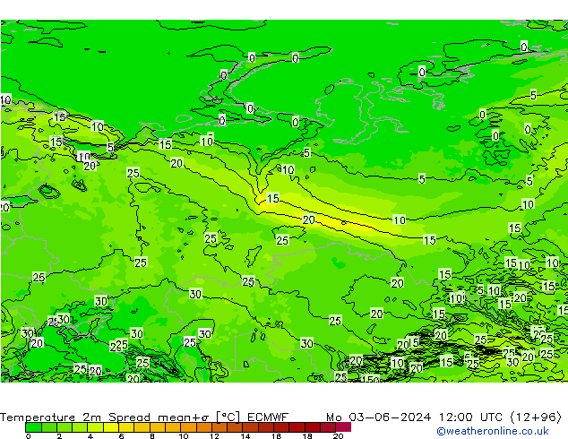 Temperature 2m Spread ECMWF Mo 03.06.2024 12 UTC