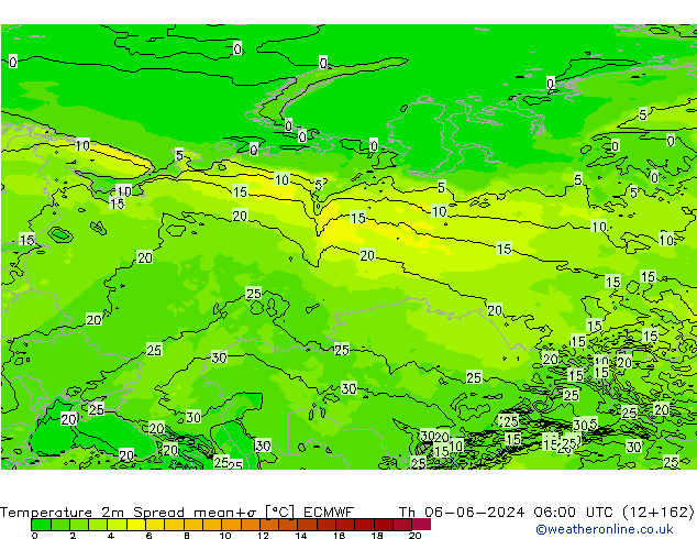 Temperatura 2m Spread ECMWF gio 06.06.2024 06 UTC