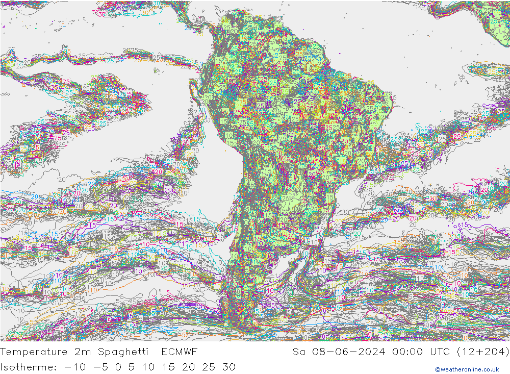 карта температуры Spaghetti ECMWF сб 08.06.2024 00 UTC