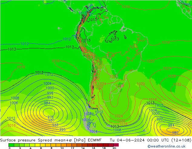 Surface pressure Spread ECMWF Tu 04.06.2024 00 UTC