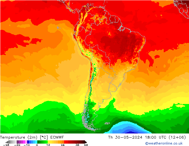 карта температуры ECMWF чт 30.05.2024 18 UTC