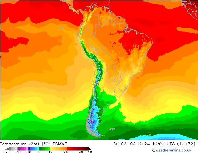 mapa temperatury (2m) ECMWF nie. 02.06.2024 12 UTC