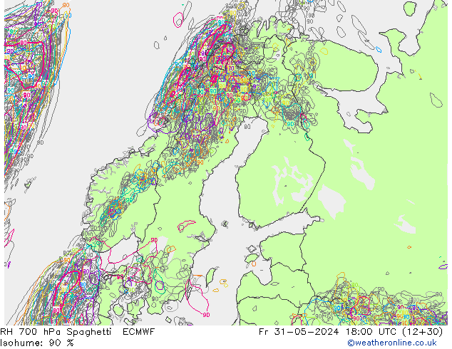 RH 700 hPa Spaghetti ECMWF Sex 31.05.2024 18 UTC