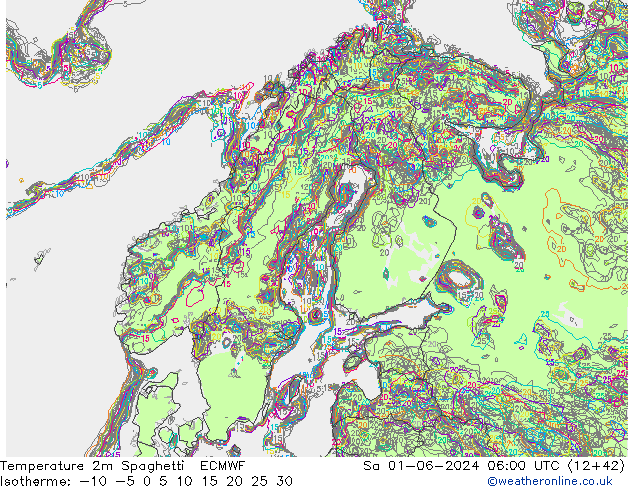 mapa temperatury 2m Spaghetti ECMWF so. 01.06.2024 06 UTC