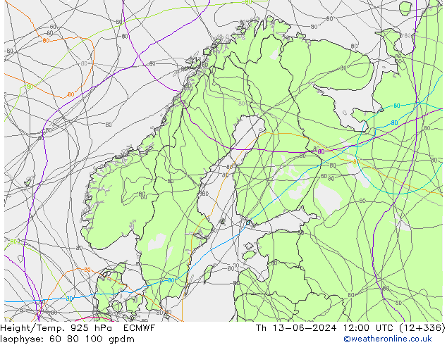 Geop./Temp. 925 hPa ECMWF jue 13.06.2024 12 UTC