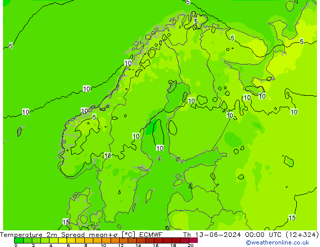 Temperature 2m Spread ECMWF Čt 13.06.2024 00 UTC