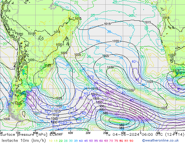 Isotachs (kph) ECMWF  04.06.2024 06 UTC