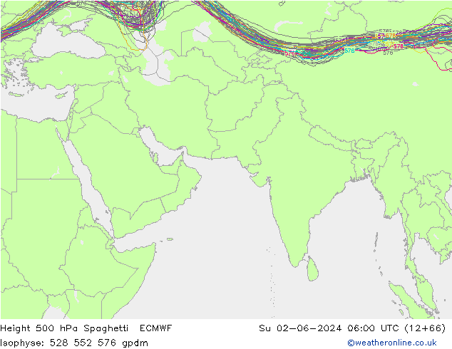 Hoogte 500 hPa Spaghetti ECMWF zo 02.06.2024 06 UTC