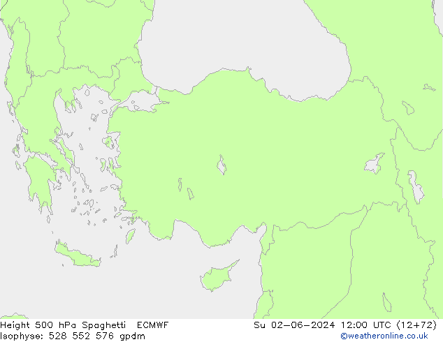 Height 500 hPa Spaghetti ECMWF nie. 02.06.2024 12 UTC