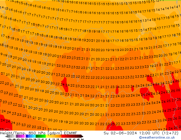 Height/Temp. 850 hPa ECMWF Dom 02.06.2024 12 UTC