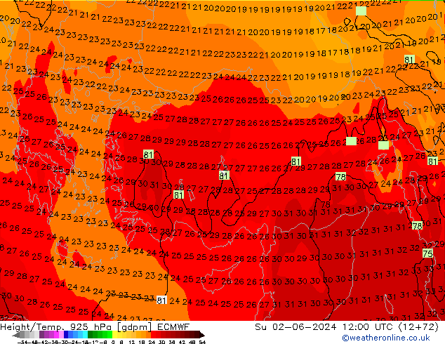 Height/Temp. 925 hPa ECMWF dom 02.06.2024 12 UTC