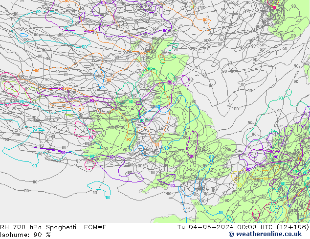 RH 700 hPa Spaghetti ECMWF Út 04.06.2024 00 UTC