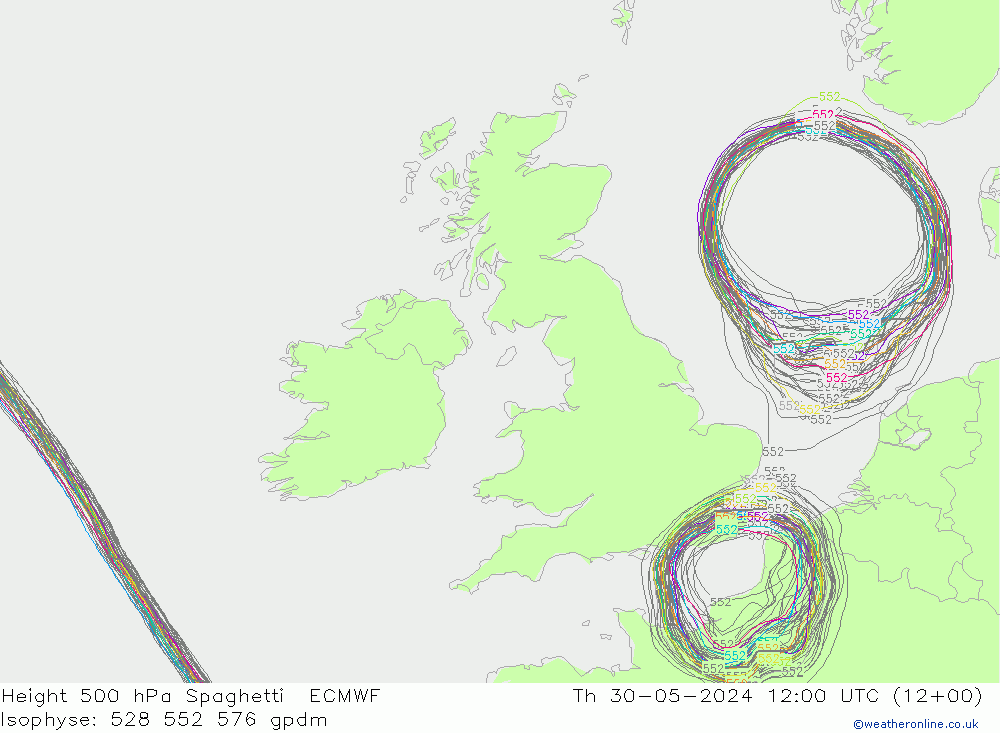 Height 500 hPa Spaghetti ECMWF Th 30.05.2024 12 UTC