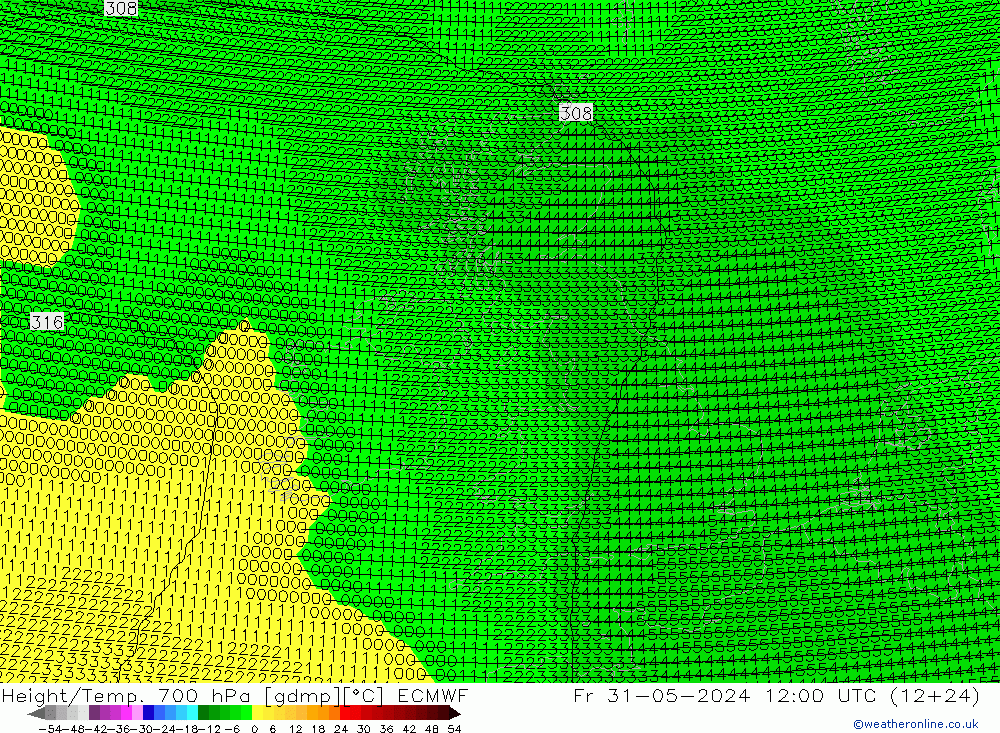 Height/Temp. 700 hPa ECMWF Pá 31.05.2024 12 UTC