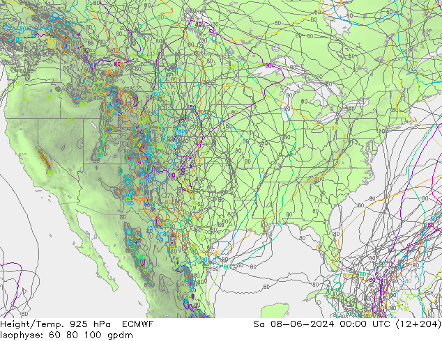 Hoogte/Temp. 925 hPa ECMWF za 08.06.2024 00 UTC