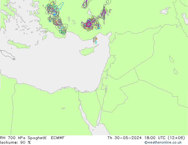 Humedad rel. 700hPa Spaghetti ECMWF jue 30.05.2024 18 UTC