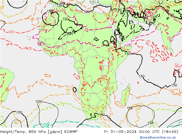 Geop./Temp. 850 hPa ECMWF vie 31.05.2024 00 UTC