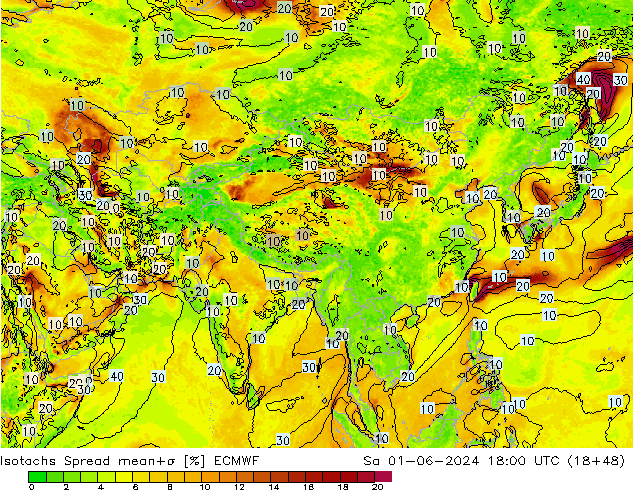 Isotachs Spread ECMWF Sa 01.06.2024 18 UTC