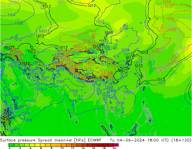 Surface pressure Spread ECMWF Tu 04.06.2024 18 UTC