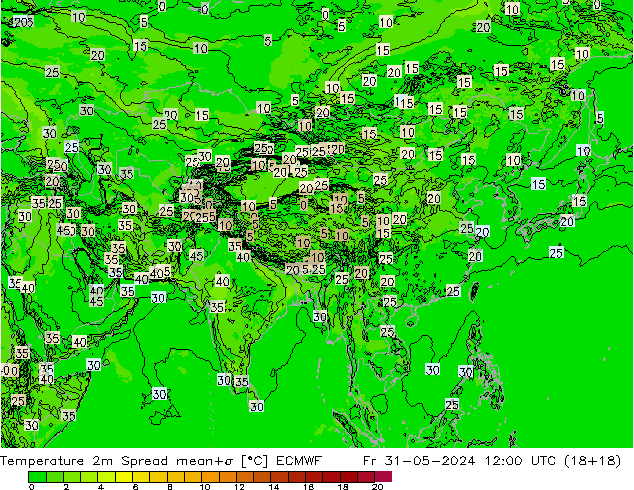 Temperature 2m Spread ECMWF Fr 31.05.2024 12 UTC