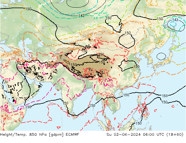 Height/Temp. 850 hPa ECMWF Su 02.06.2024 06 UTC