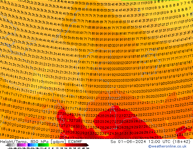 Hoogte/Temp. 850 hPa ECMWF za 01.06.2024 12 UTC