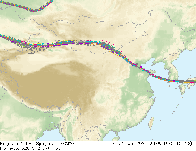 Géop. 500 hPa Spaghetti ECMWF ven 31.05.2024 06 UTC