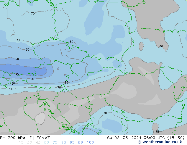 RH 700 hPa ECMWF Su 02.06.2024 06 UTC