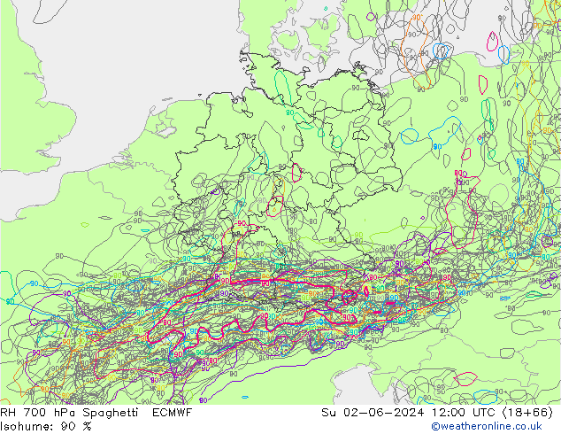 RH 700 hPa Spaghetti ECMWF Su 02.06.2024 12 UTC
