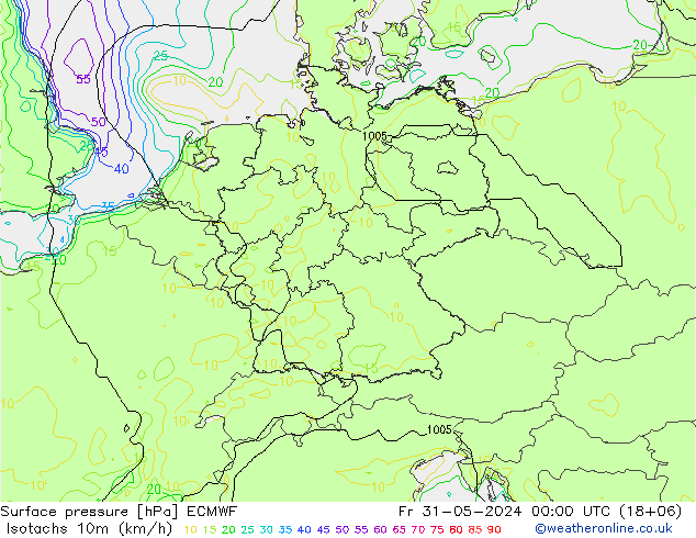 Isotachs (kph) ECMWF Pá 31.05.2024 00 UTC