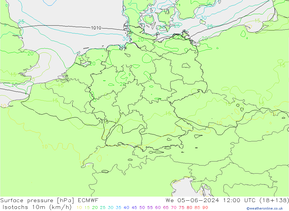 Isotachs (kph) ECMWF Qua 05.06.2024 12 UTC