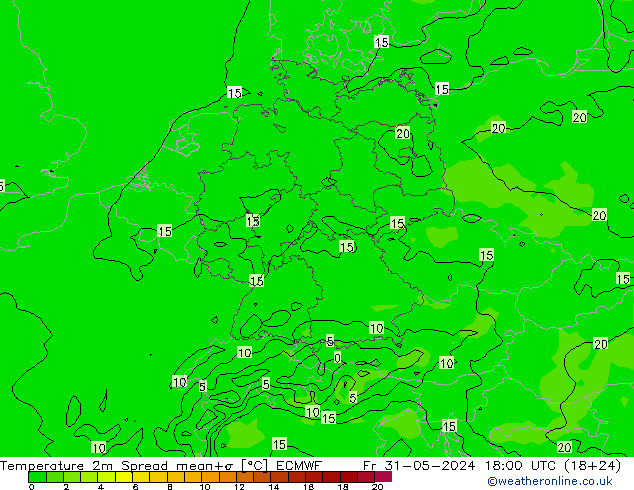 Temperature 2m Spread ECMWF Fr 31.05.2024 18 UTC