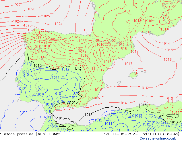 Presión superficial ECMWF sáb 01.06.2024 18 UTC