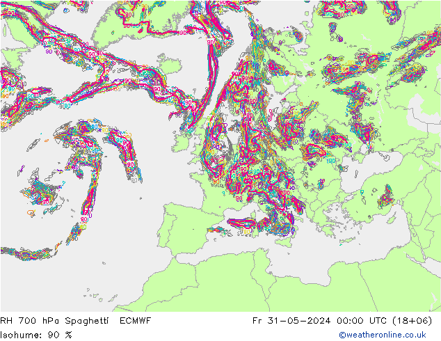 RH 700 hPa Spaghetti ECMWF Pá 31.05.2024 00 UTC