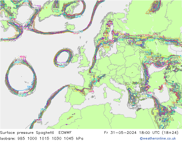 Luchtdruk op zeeniveau Spaghetti ECMWF vr 31.05.2024 18 UTC