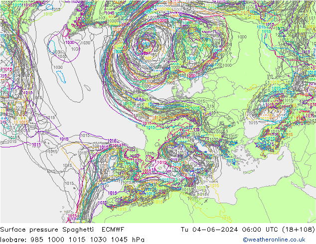 Atmosférický tlak Spaghetti ECMWF Út 04.06.2024 06 UTC