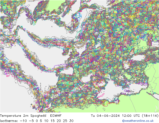 Temperature 2m Spaghetti ECMWF Út 04.06.2024 12 UTC