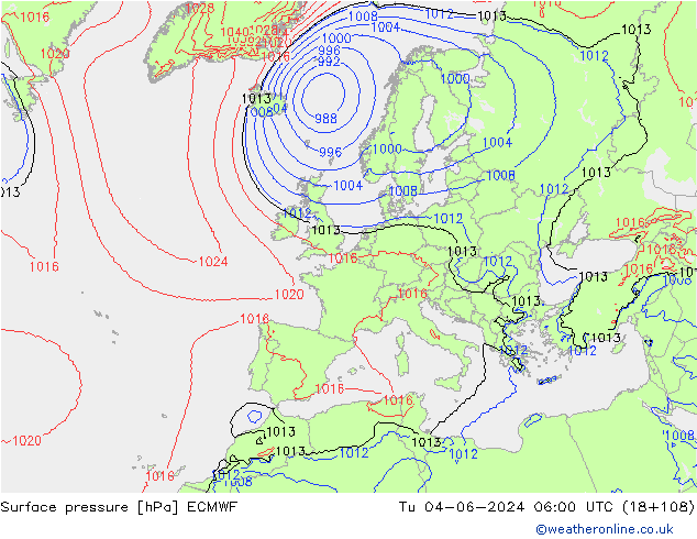 Atmosférický tlak ECMWF Út 04.06.2024 06 UTC